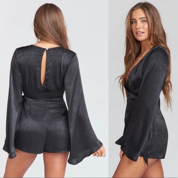 Show Me Your Mumu Wrap Black Sheen Satin Romper - Picture 6 of 15